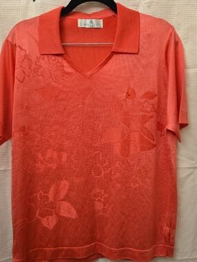 Montagut Paris Coral Jacquard Polo Top V Neck Short Sleeve Textured Knit Size 6